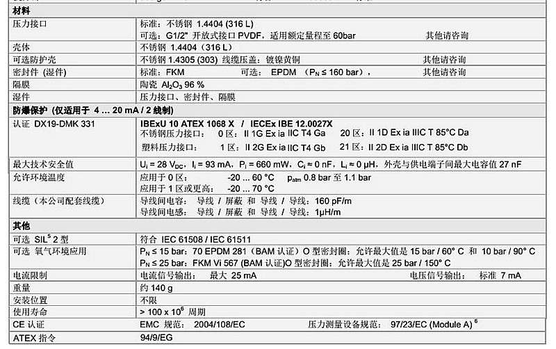 水處理壓力傳感器DMK-331系列技術(shù)參數(shù)2